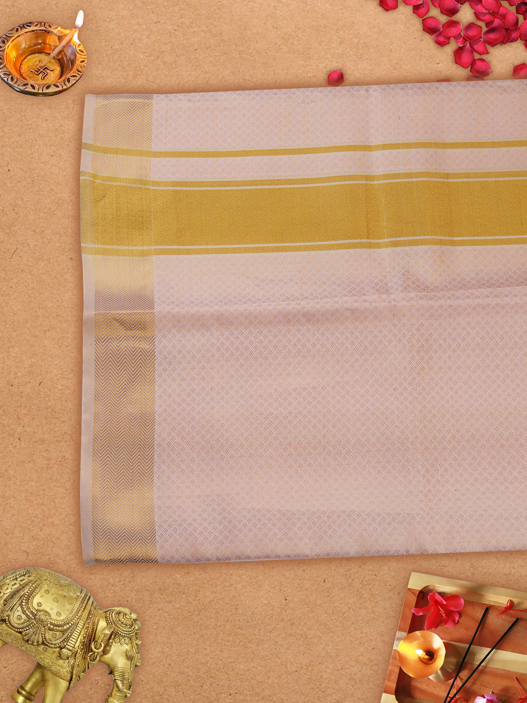Premium Pure Silk Tissue Rose Gold Dhoti with 5" Gold Jari Border Upasana