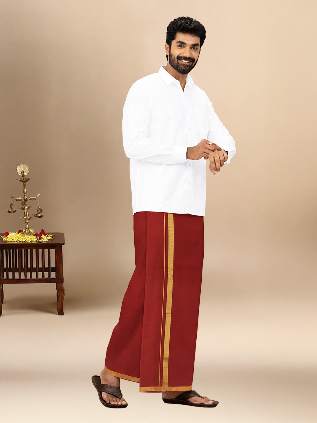 Men Cotton Blend Single Layer Dark Red Dhoti with Gold Jari Border Cosmic