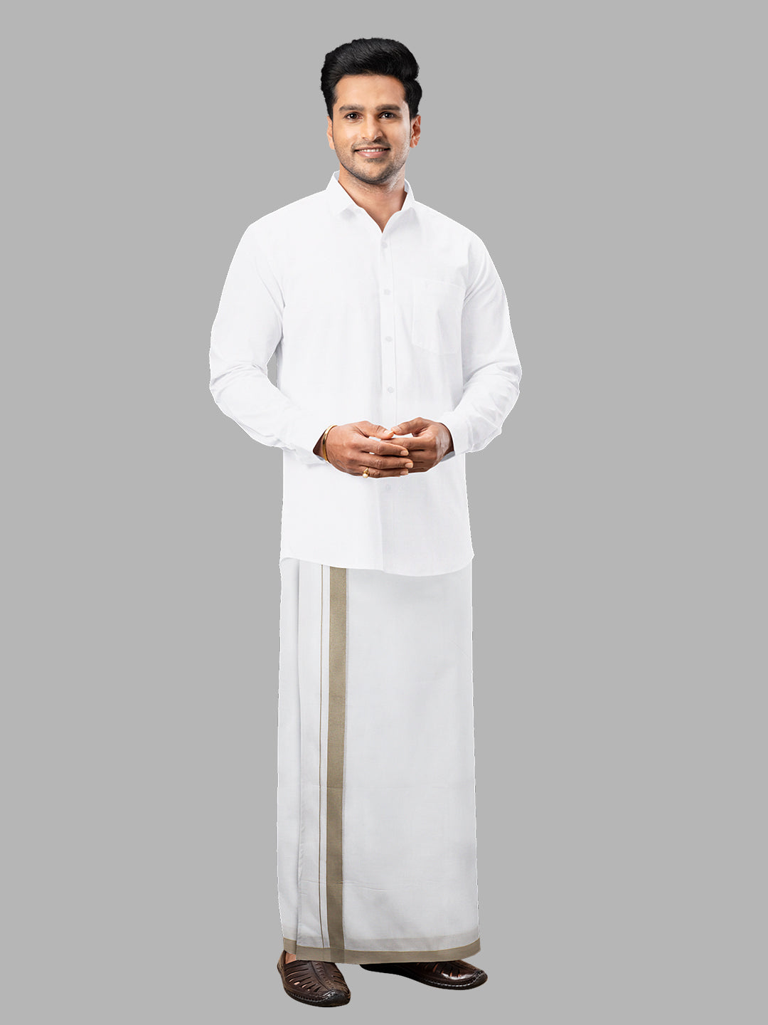 Men Sandal Fancy Border Double Layer White Dhoti SSS02