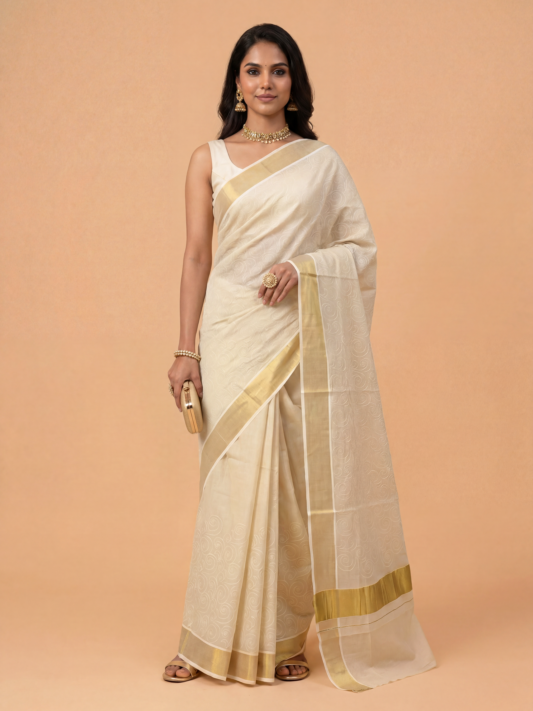 Women Tissue Cream Embroidered Kerala Saree KLS18