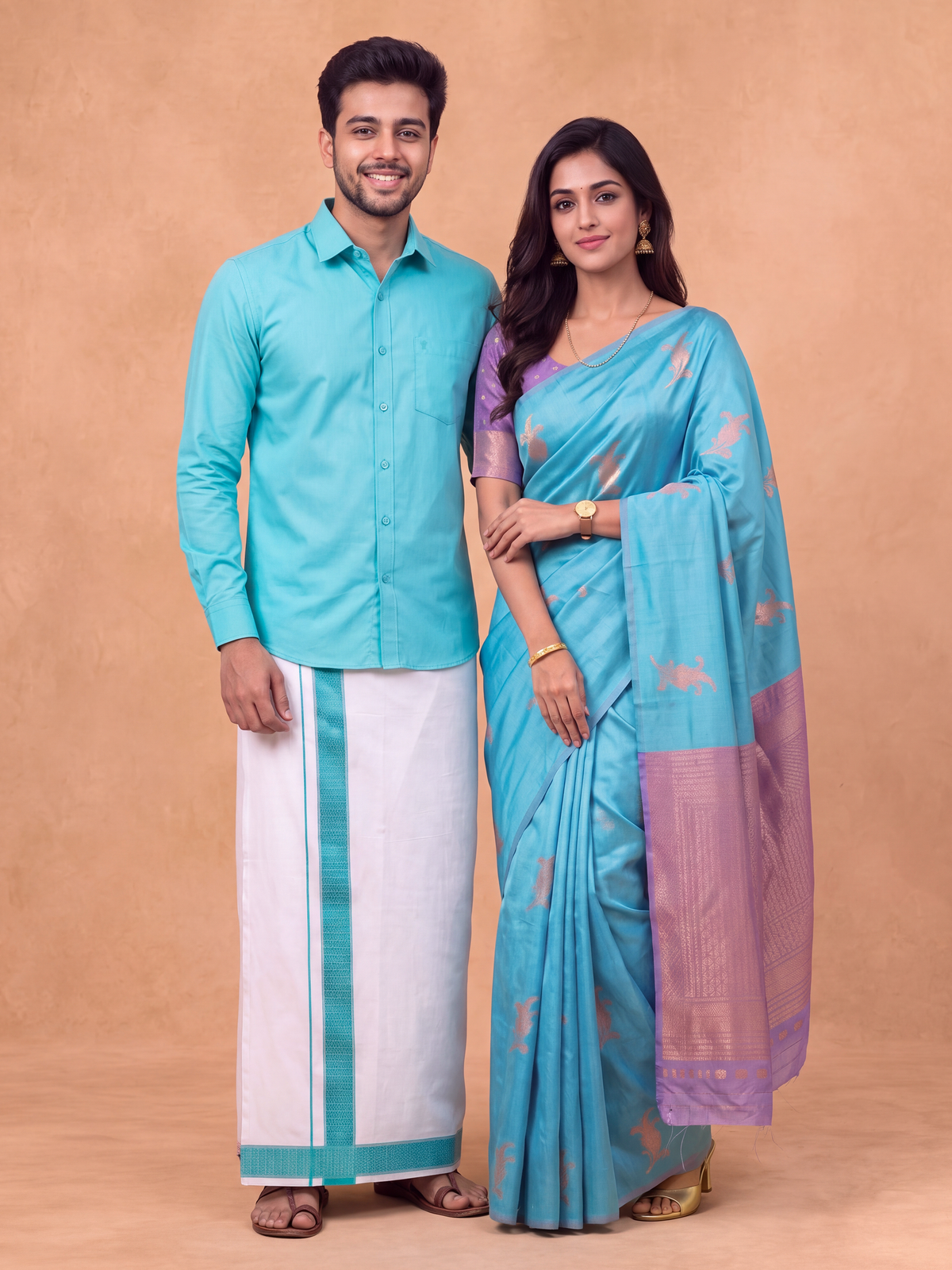 Couple Combo Shirt & Dhoti Set with Saree Sky Blue SS525