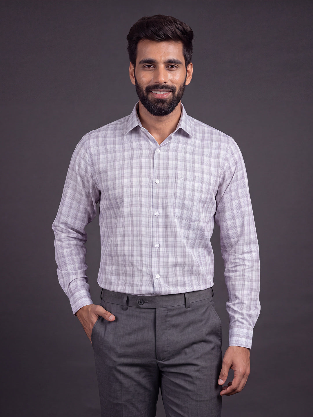 Prima Club Premium Cotton Dobby Grey Purple Checked Regular Fit Shirt SRBJ6