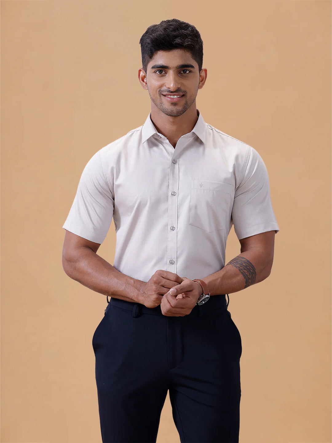 Cotton Rich LT Beige Grey Regular Fit Shirt T61 AKT5