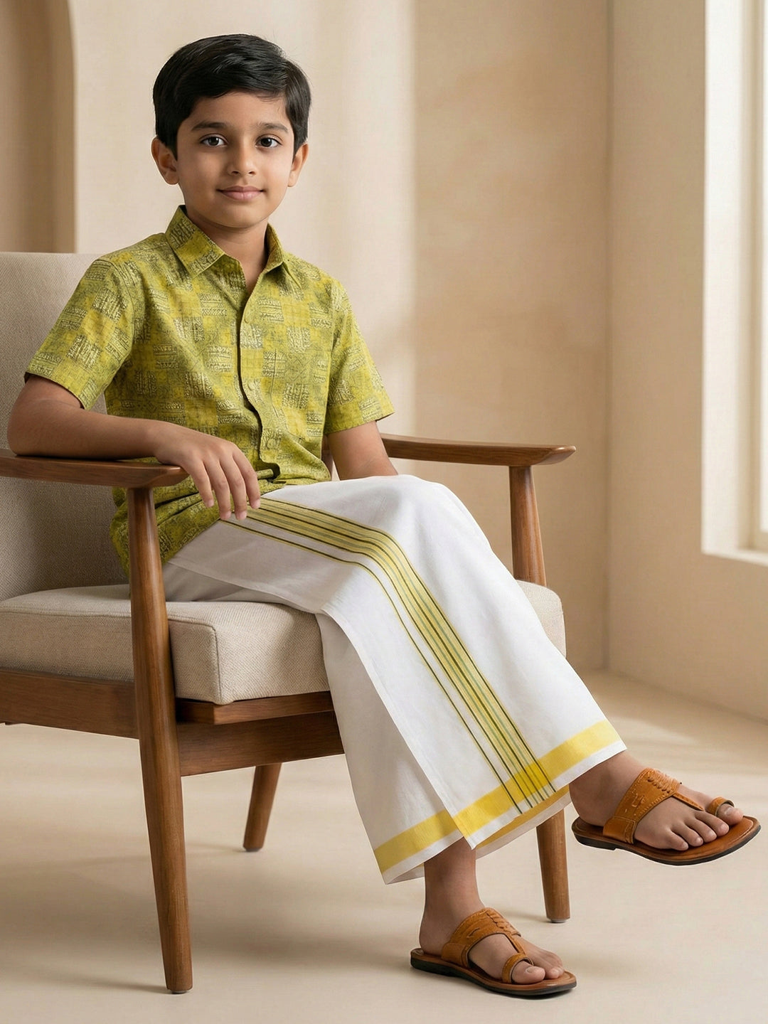 Like Father Like Son Matching Border Dhoti with Printed Shirt Combo Set Lemon Yellow PS29