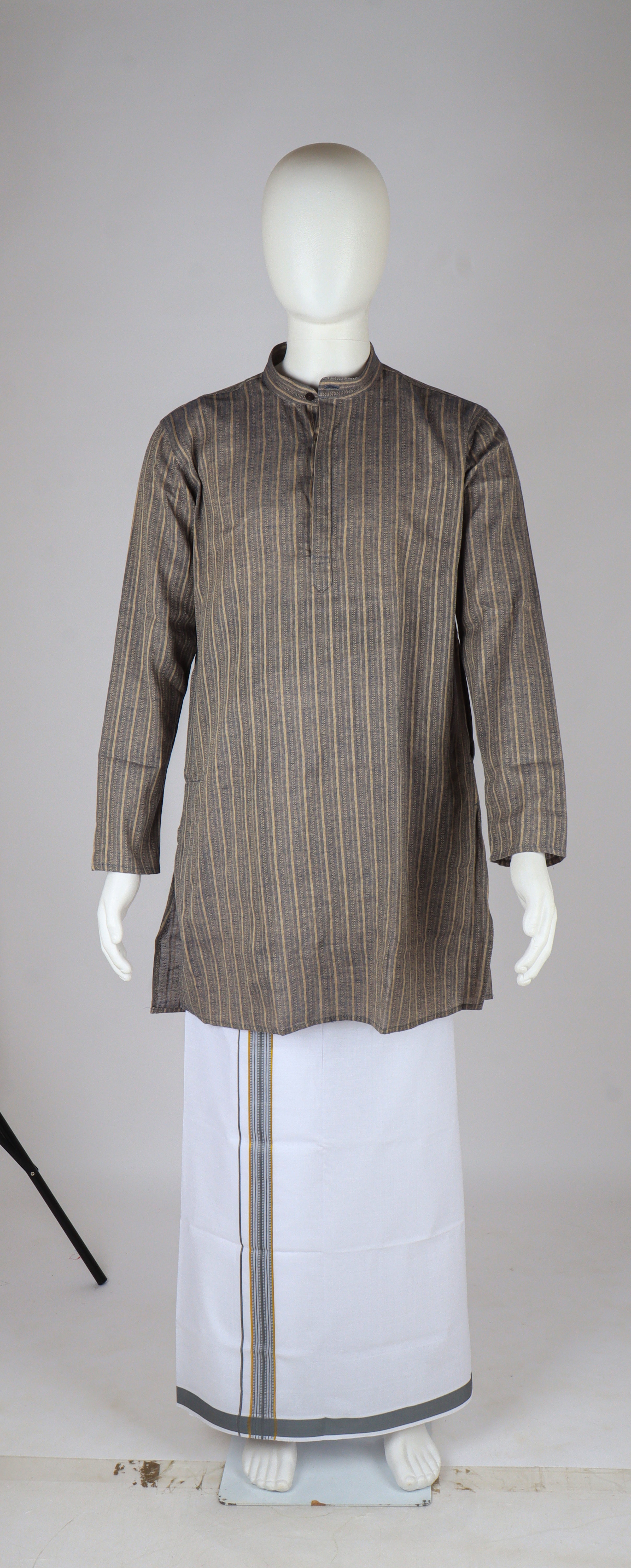 Men Brownish Blue Medium Length Kurta with Matching Border Dhoti Set RH14