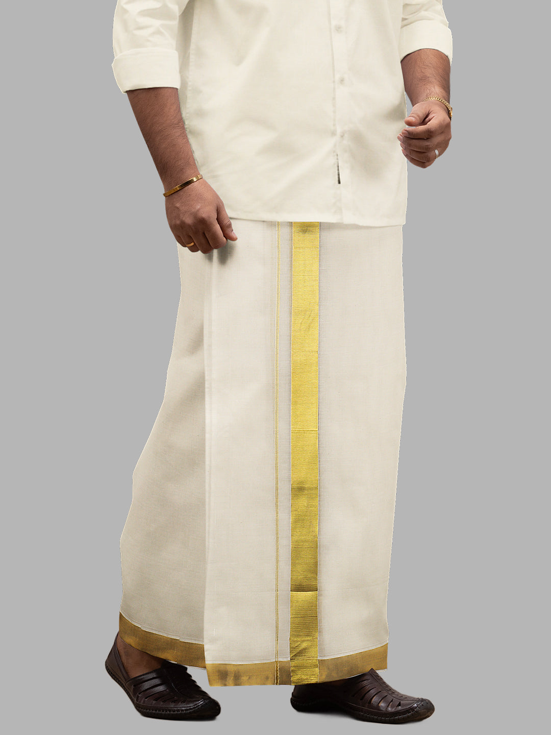 Men Cream with 1 1/2" Gold Jari Border Double Layer Kora Dhoti Woven Gold