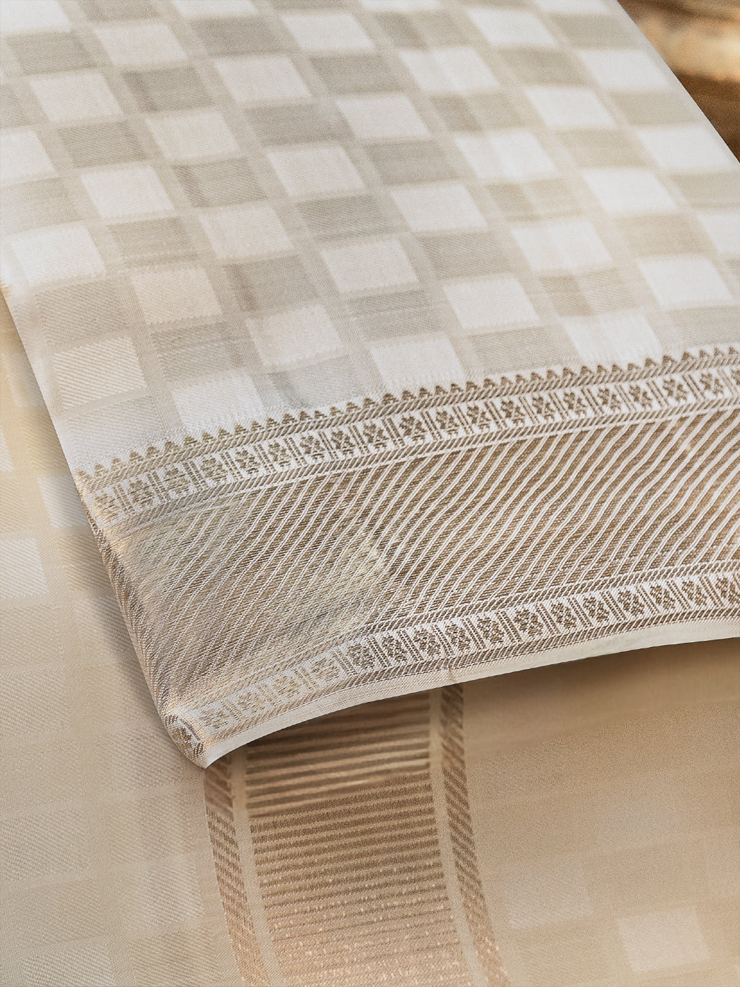 Pure Silk Cream Jangla Design Weaving Dhoti with 3" Gold Jari Border – Kalasam