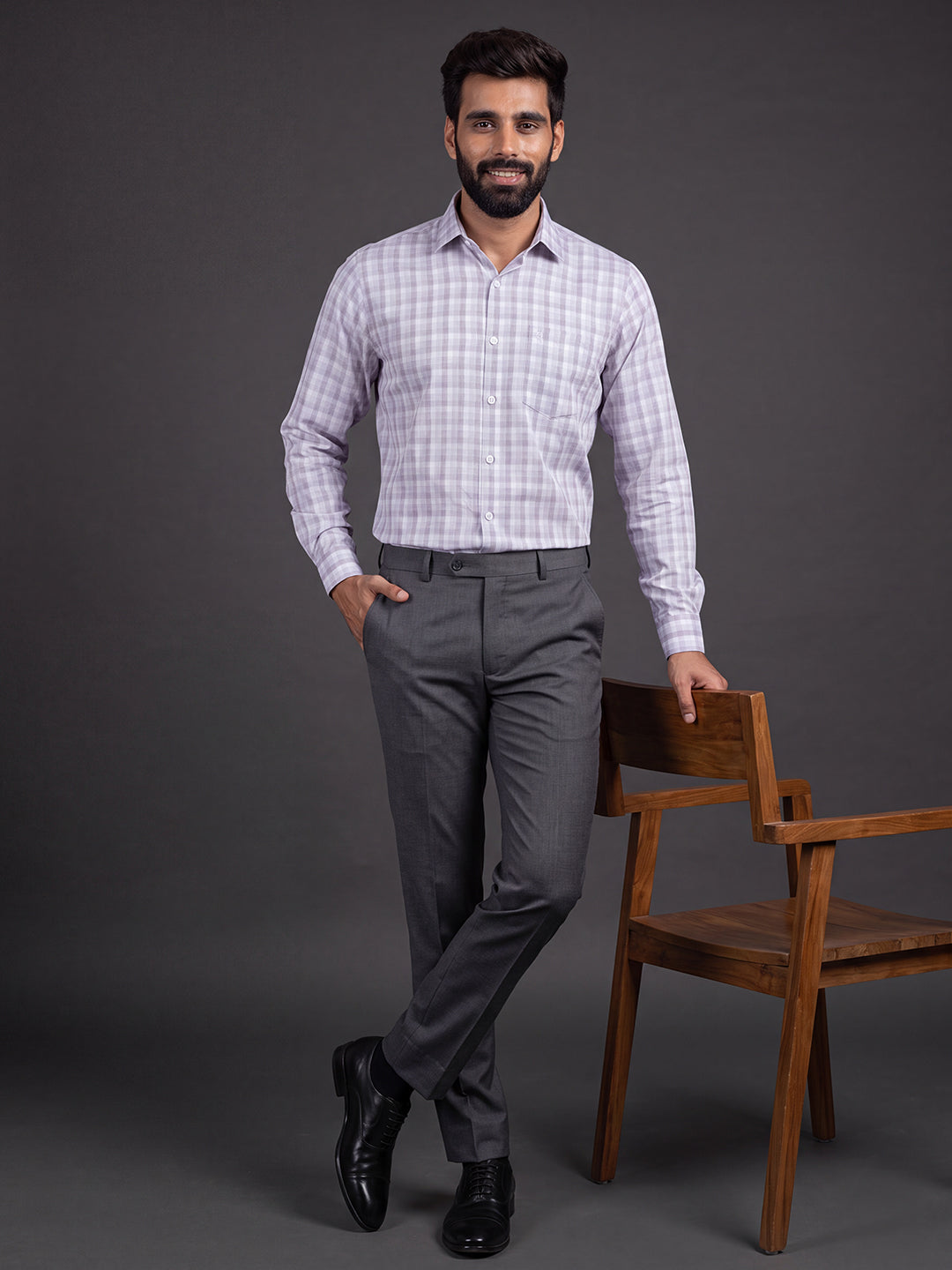 Prima Club Premium Cotton Dobby Grey Purple Checked Regular Fit Shirt SRBJ6