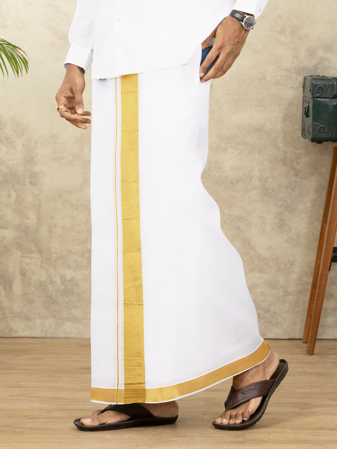 Men Cotton Blend Readymade Double Layer White Dhoti with 1 1/2" Gold Jari Border Vetha