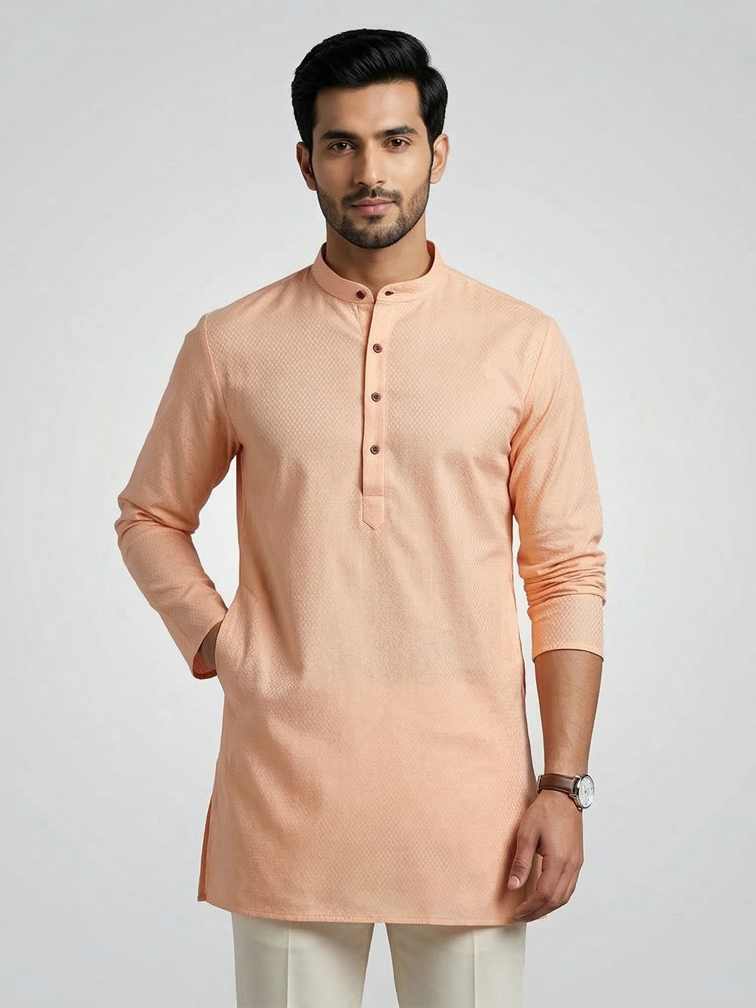 Men Cotton Medium Length Printed Pocket Kurta Peach MHJ5