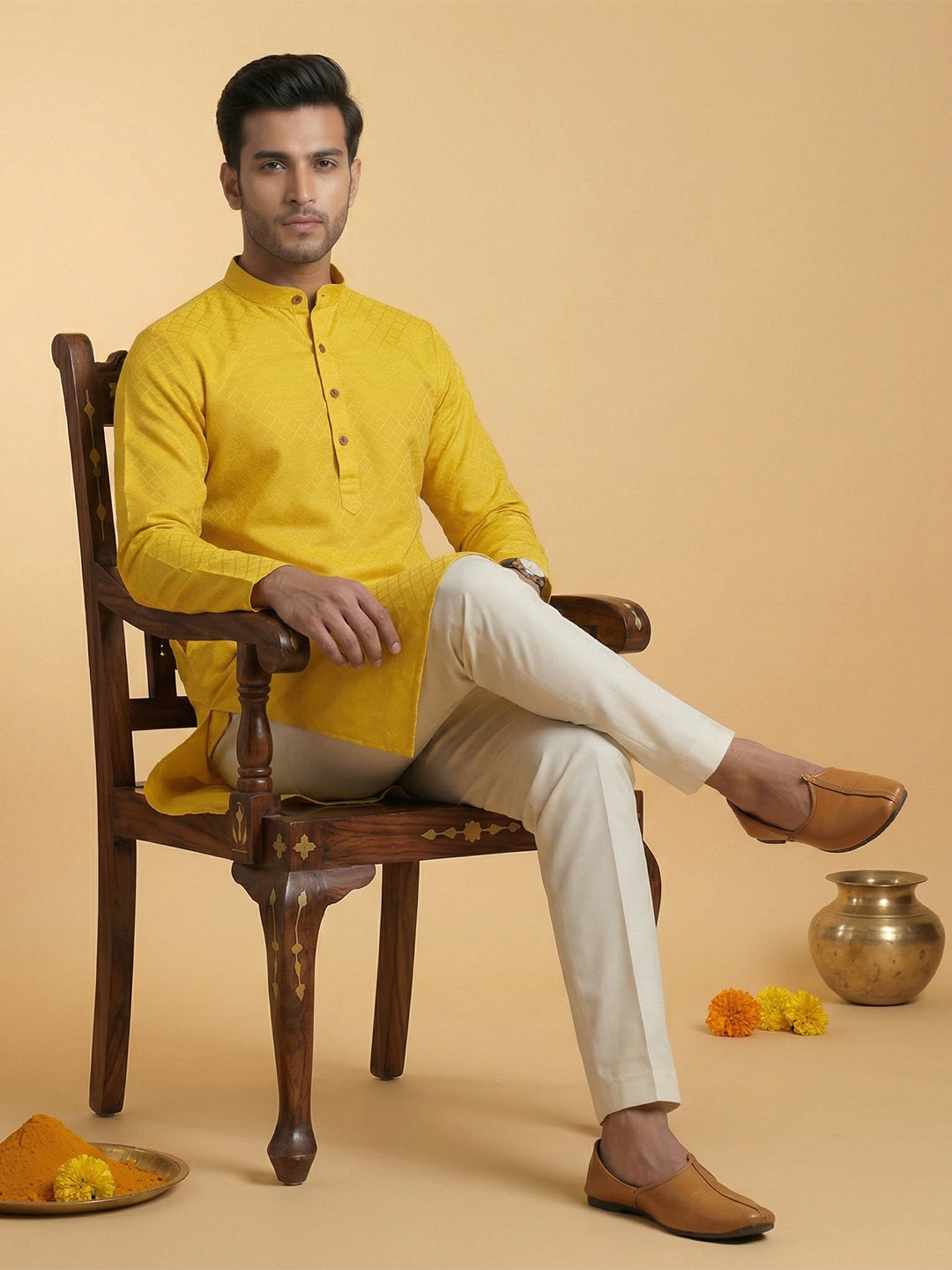 Cotton Medium Length Self Design Pocket Kurta Yellow D4