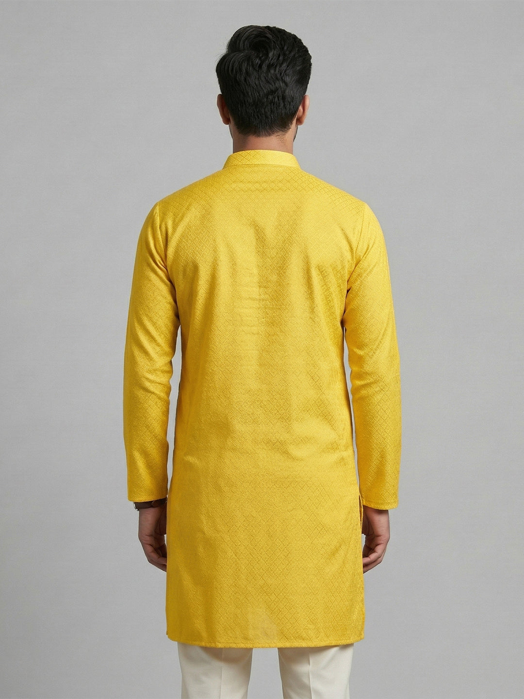 Cotton Medium Length Self Design Pocket Kurta Yellow D3