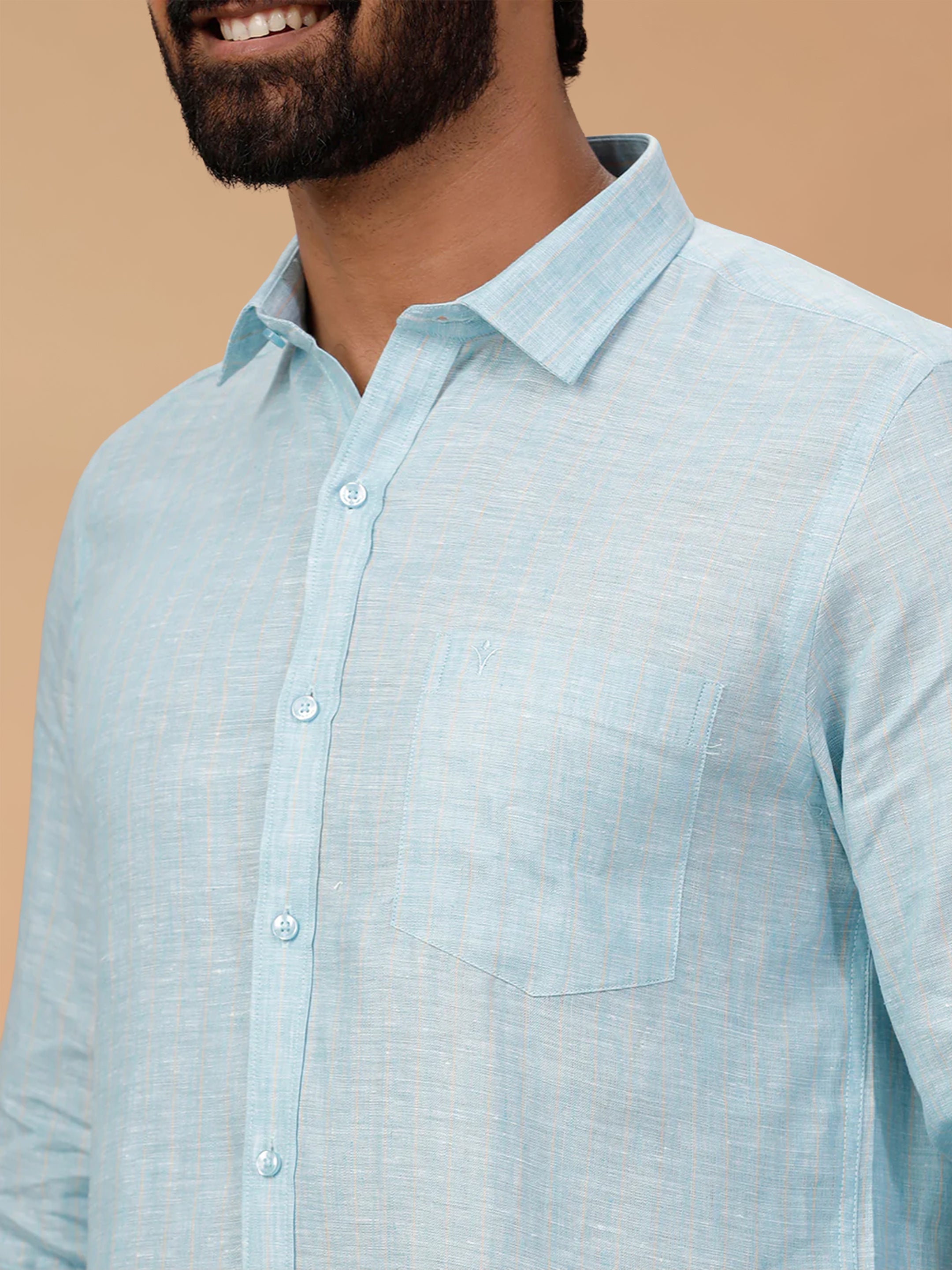 Pure Linen Pale Sky Blue Striped Smart Fit Shirt LS90