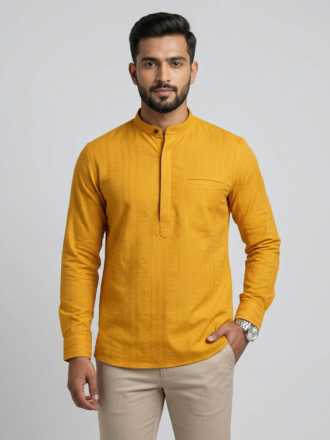 Men Cotton Short Length Self Design Pocket Kurta Turmeric Yellow Y31