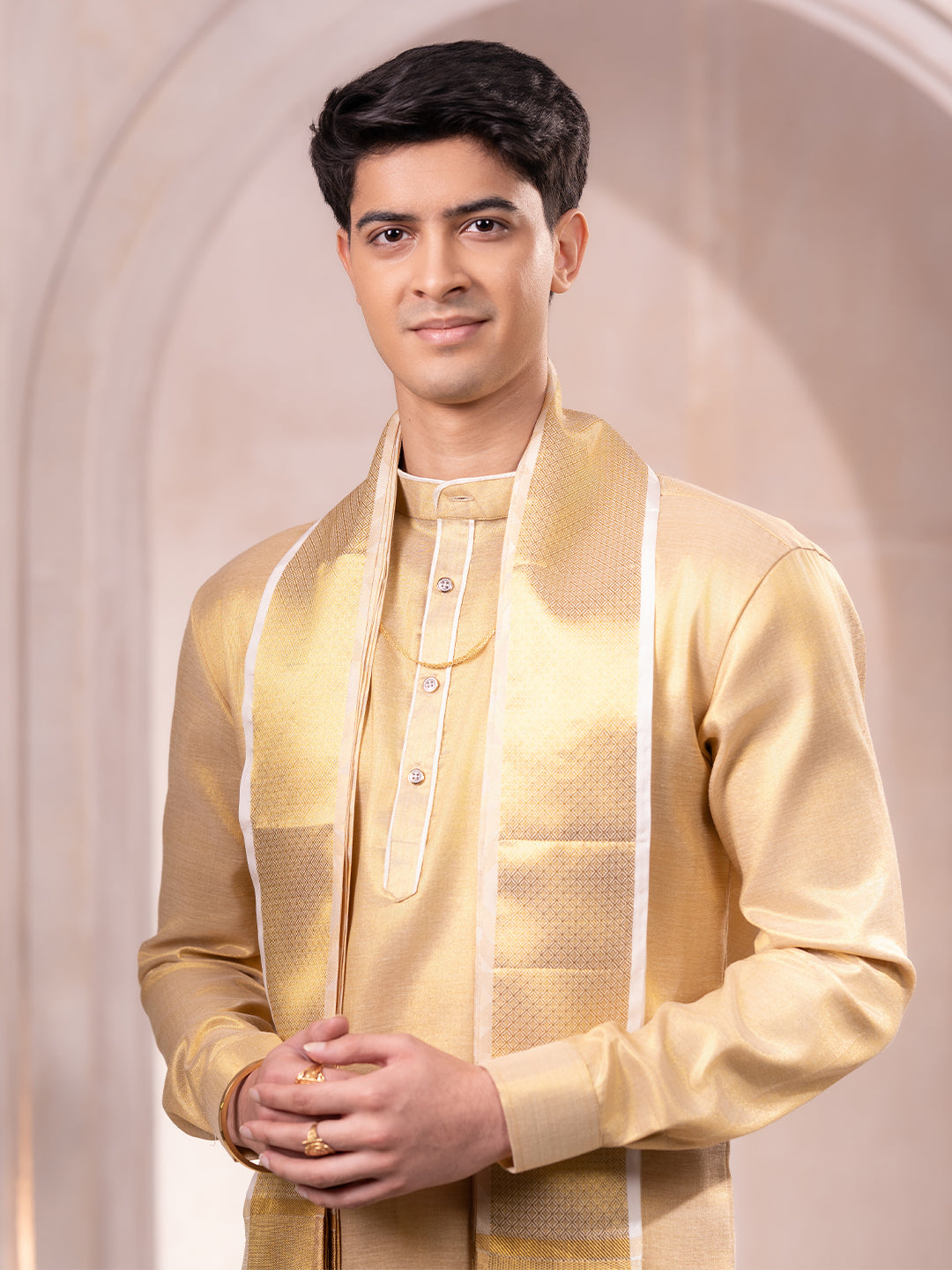 Pure Silk Embossed Tissue Jari Weaving Dhoti Shirting & Towel Set with 5" Jari Border – Rajahamsa