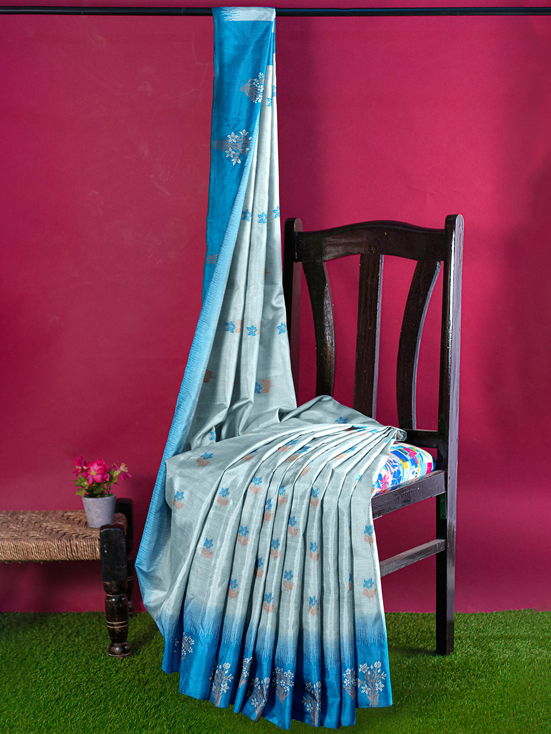 Women Blue with Grey Stylish Art Silk Fancy Jari Border Saree SS106