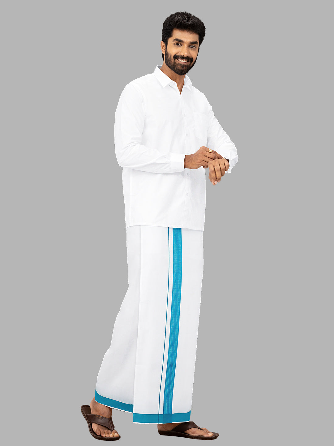 Men Blue Fancy Border Single Layer Adjustable Pocket Dhoti GACF12