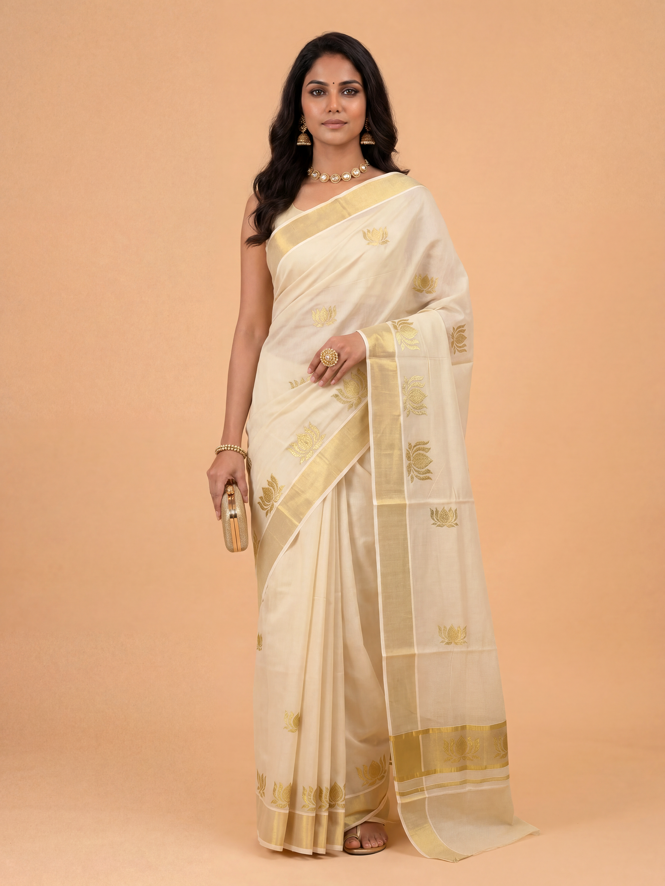 Women Tissue Cream Kerala Saree with Gold Jari KLS20