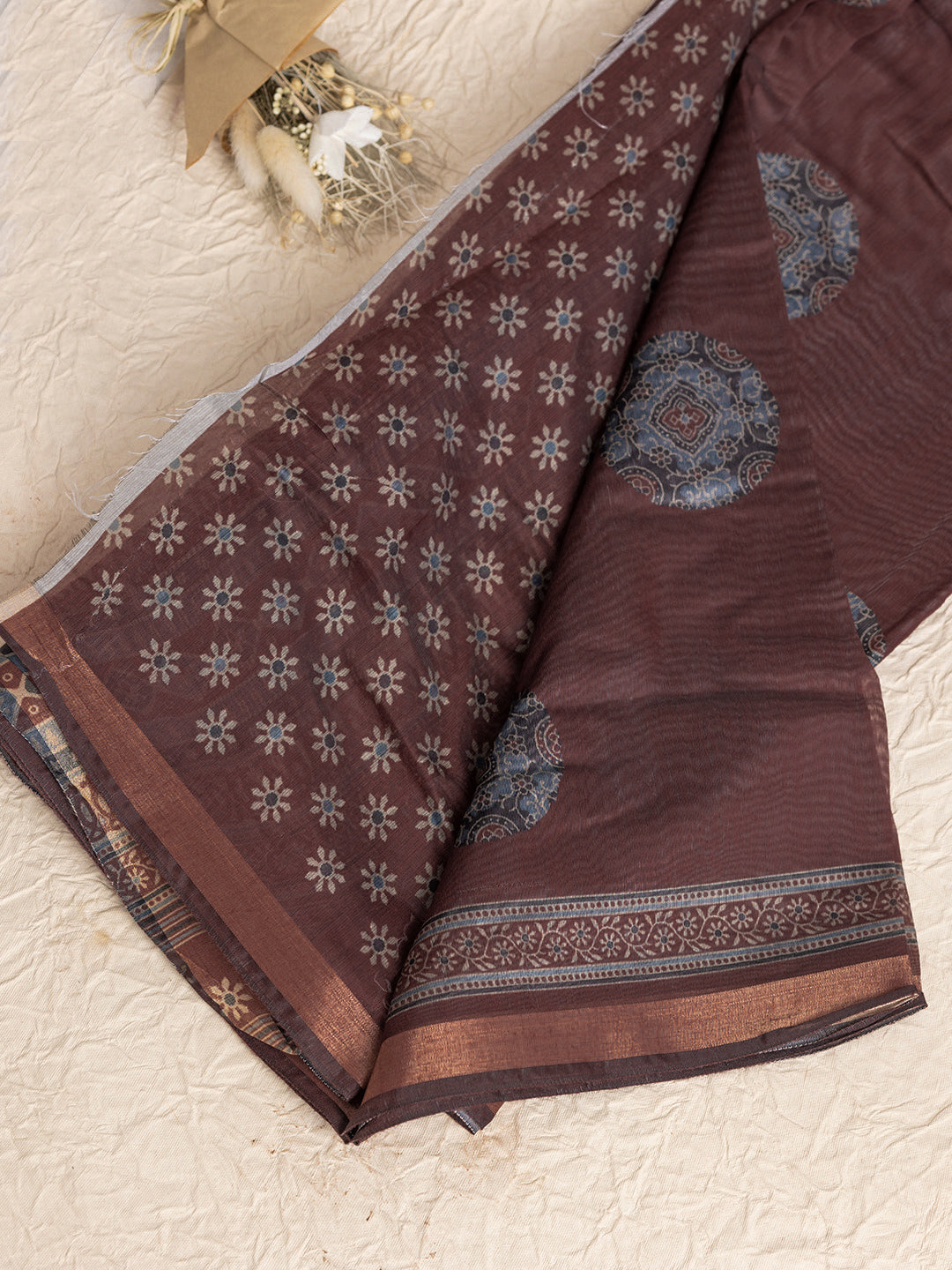 Women Brown Semi Chanderi Cotton Printed Saree SC59