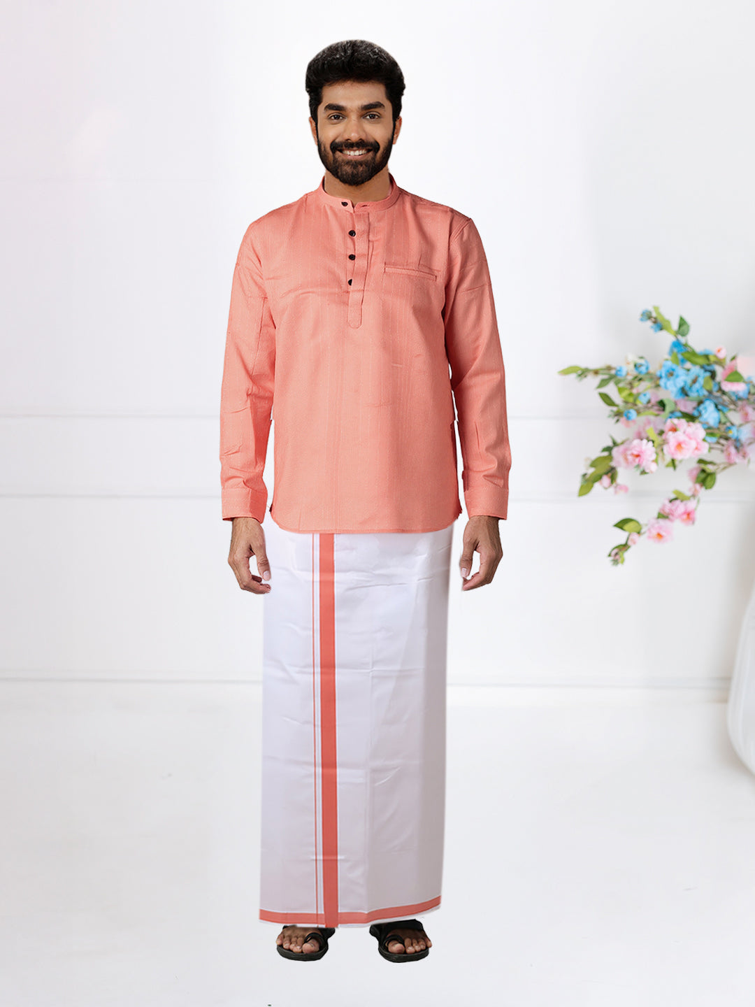 Men Pink Short Length Kurta with Matching Border Dhoti Set RJ18