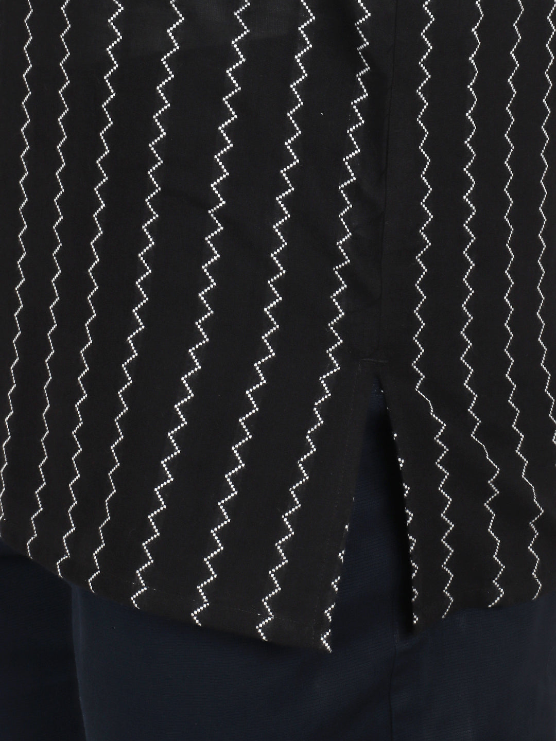 Men Cotton Short Length Striped Pocket Kurta Black PC35