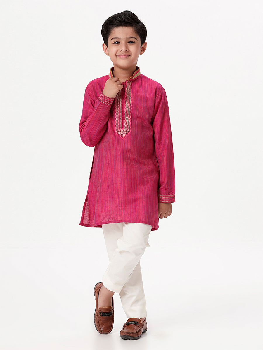 Boys Cotton Embellished Neckline Full Sleeves Dark Pink Kurta-Full view