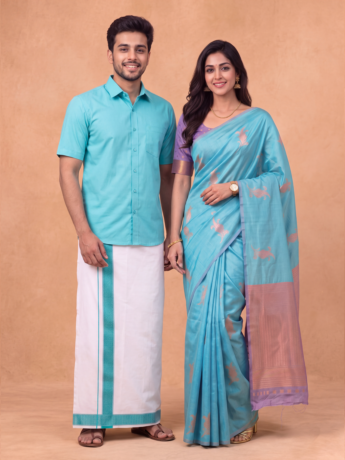 Couple Combo Shirt & Dhoti Set with Saree Sky Blue SS525