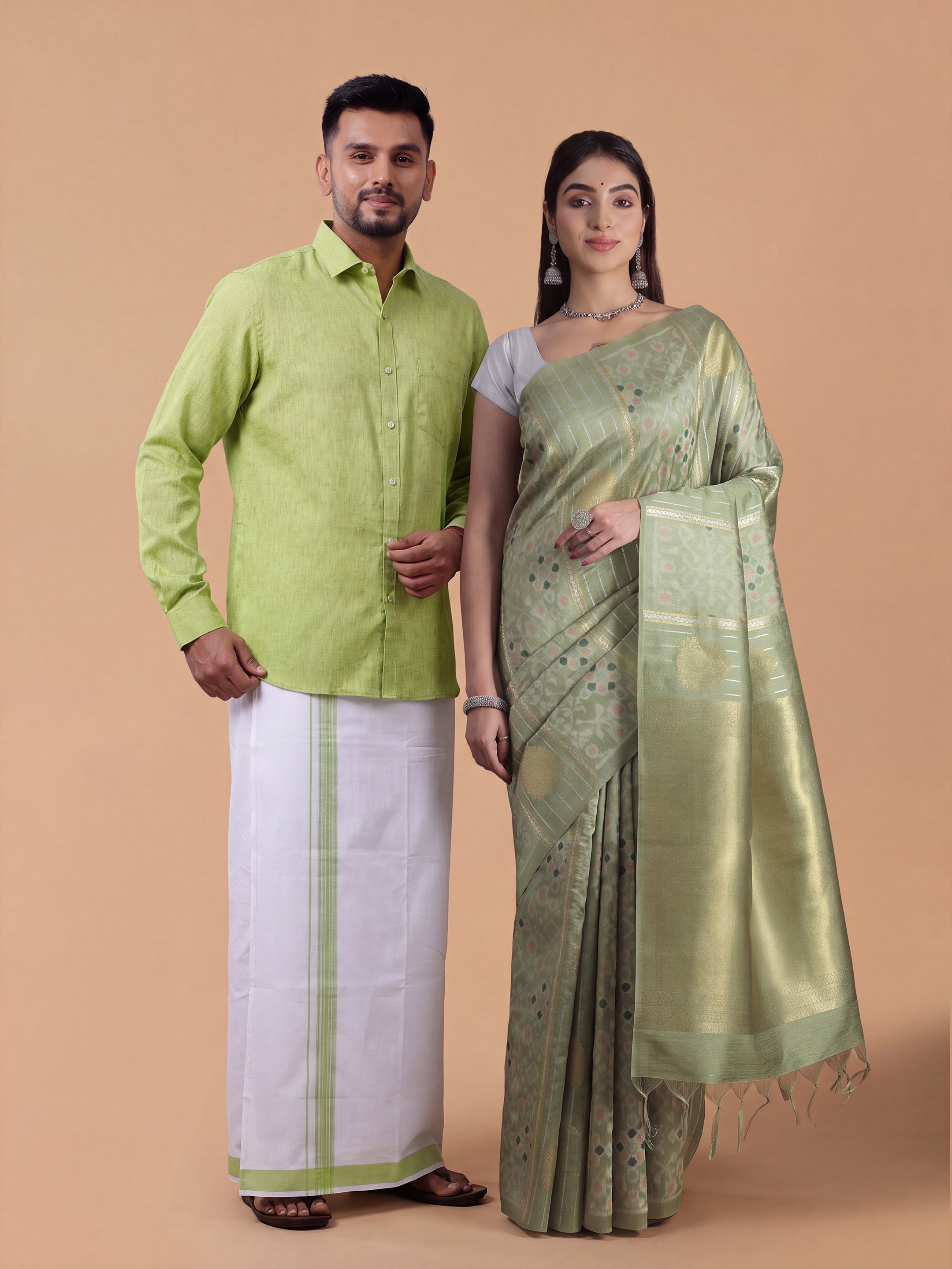 Couple Combo Shirt & Dhoti Set with Saree Green ST318