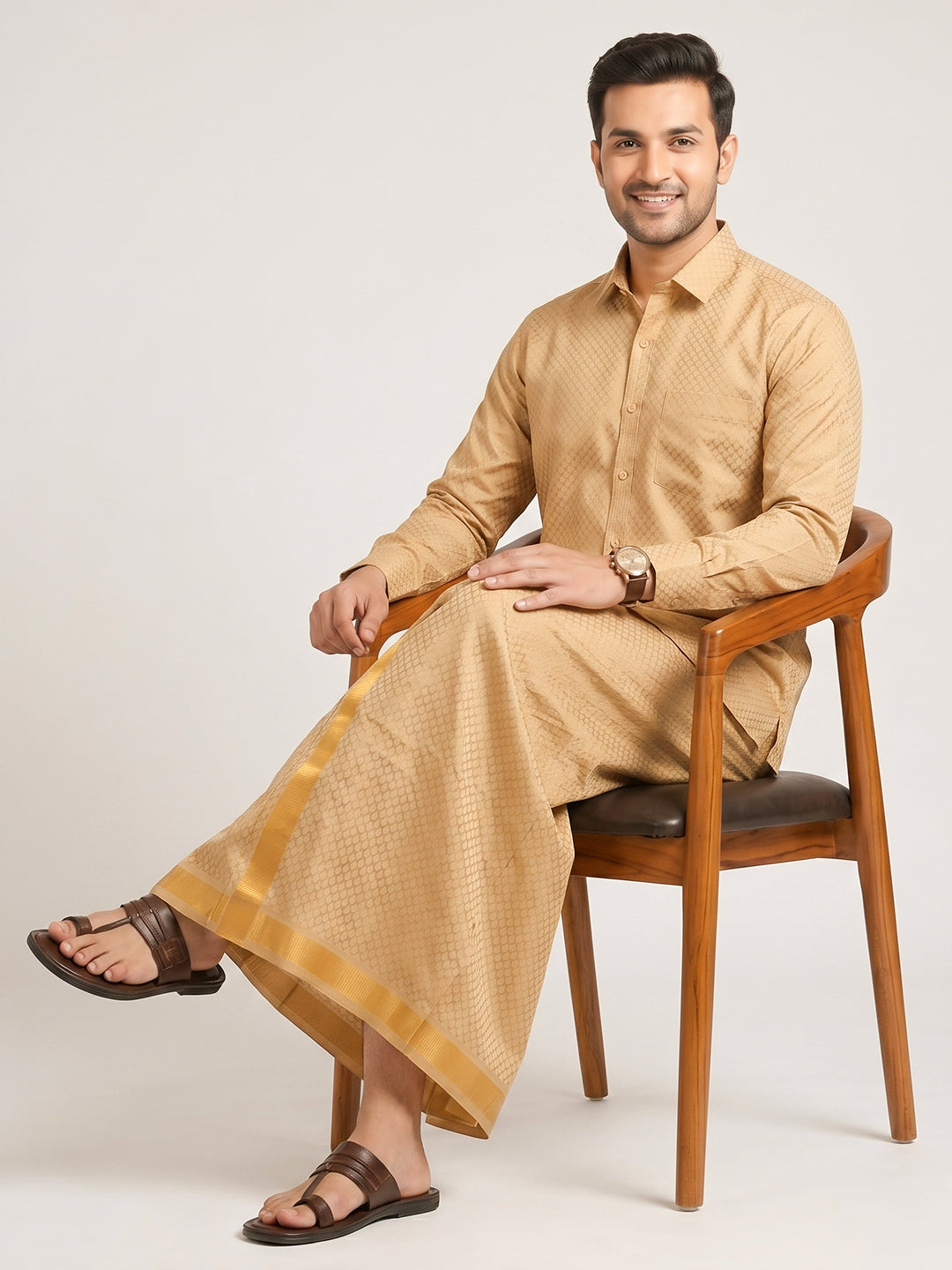 Men Gold Tissue Jacquard Shirt with Matching Dhoti Set GDP3