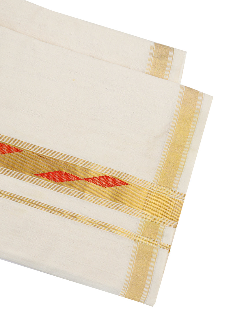 Mens Premium Handloom Cream Double Dhoti with Fancy Gold Jari Border 11051-55112