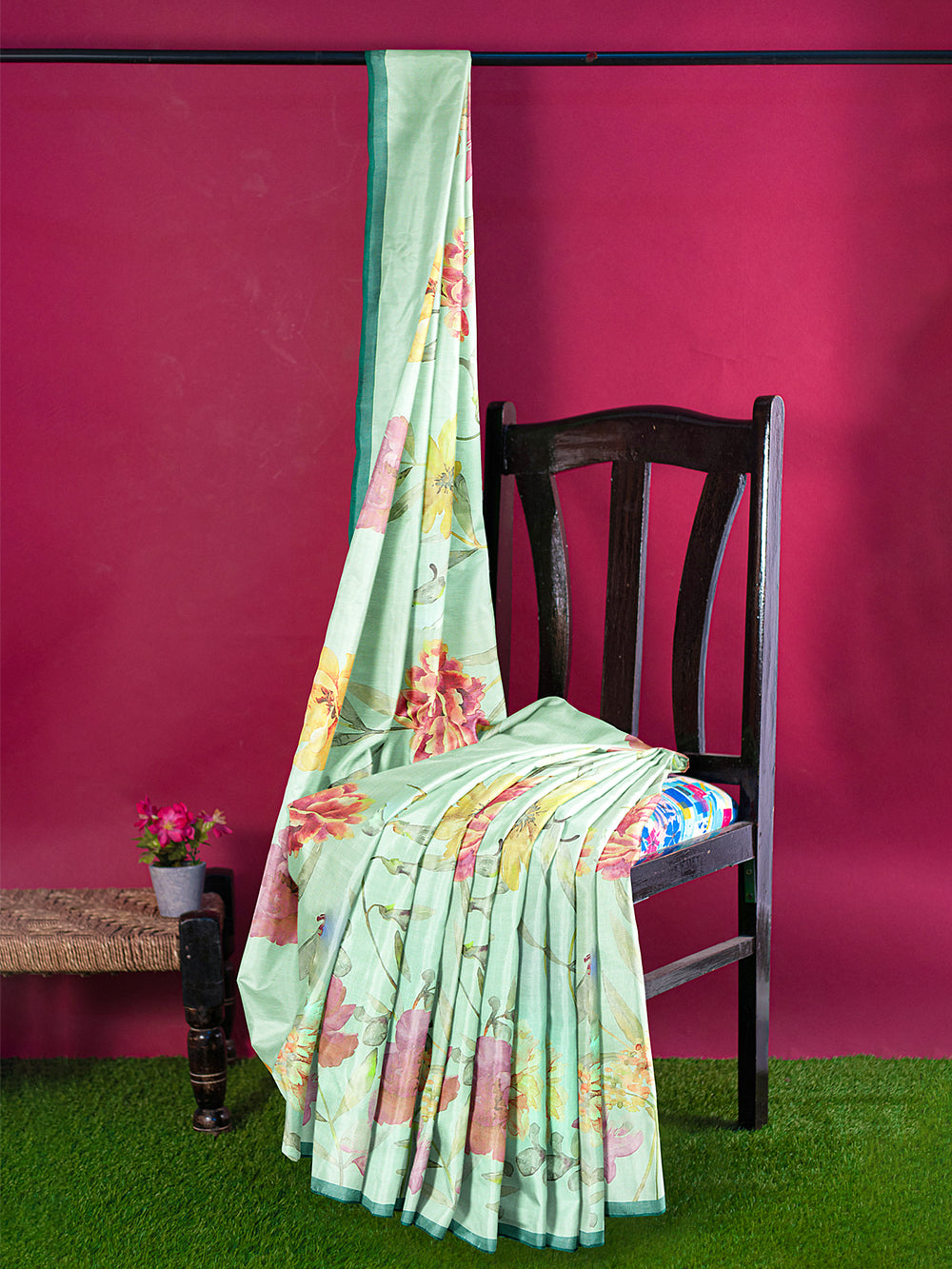 Women Green Semi Chanderi Cotton Printed Saree MP01