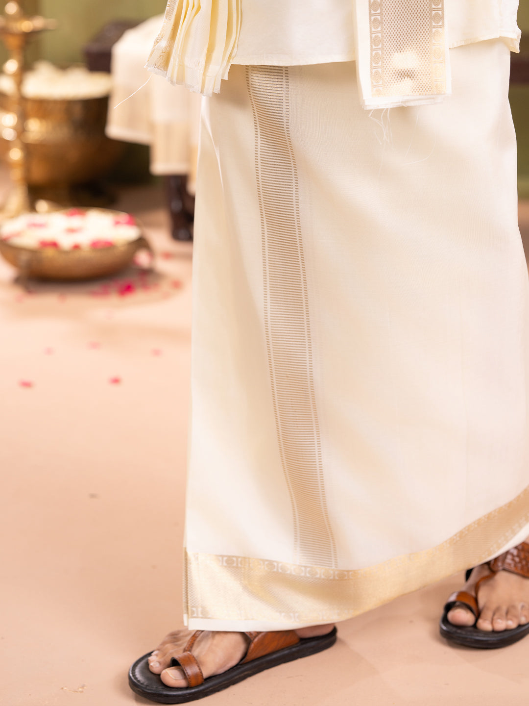 Premium Pure Silk 3" Cream Wedding Dhoti & Towel Set – Virutcham