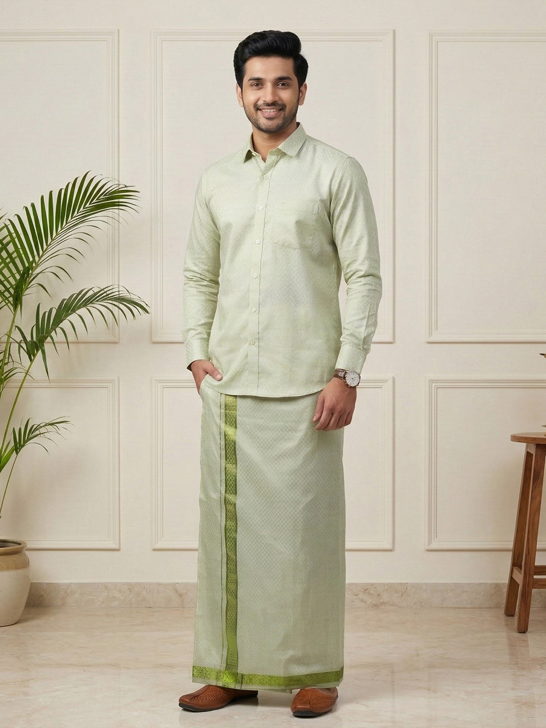 Men Moss Green Tissue Jacquard Shirt with Readymade Dhoti Set MGD12