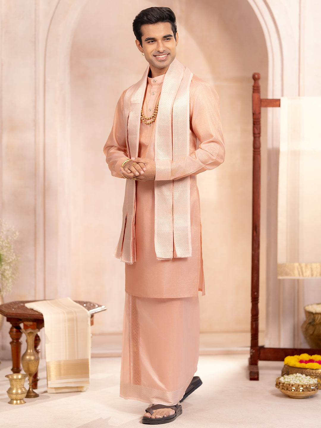 Pure Silk Copper Tissue Weaving Rose Gold Meena Jari Dhoti Shirting & Towel Set with 2½" Jari Border – Rajahamsa