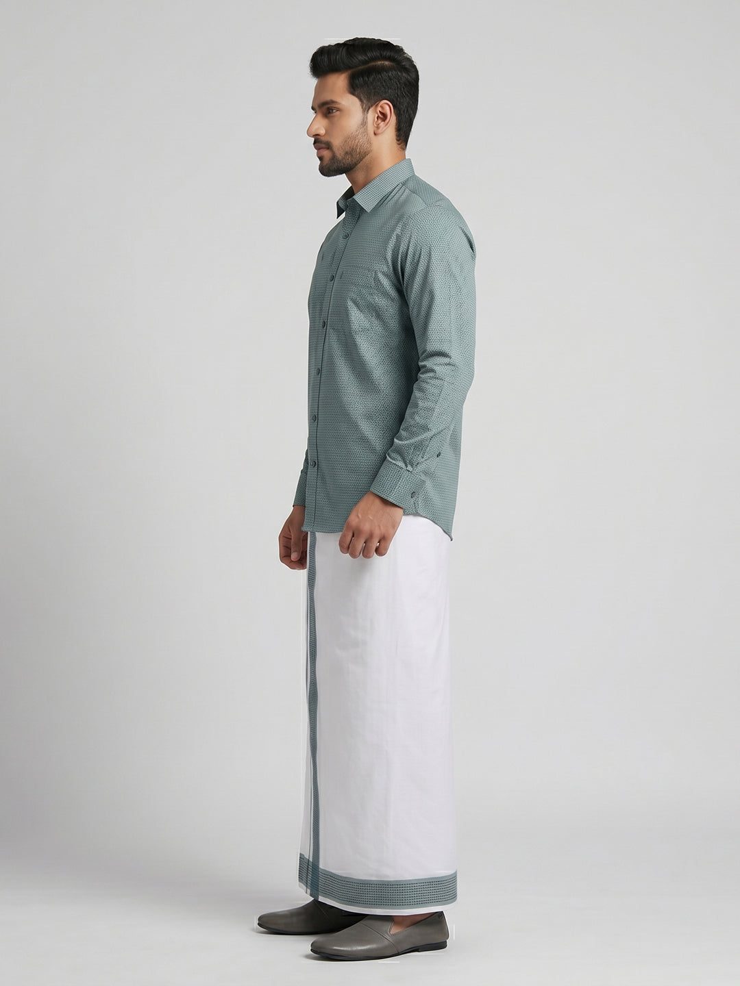 Men Seafoam Green Matching Border Dhoti With Printed Shirt Set Windsor HNJ3