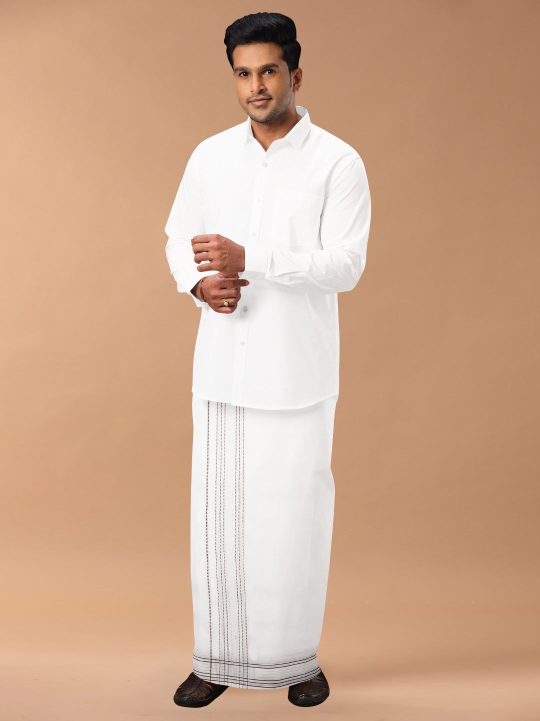 Mens Premium Handloom Dhoti Brown with Silver Jari Border HLM13