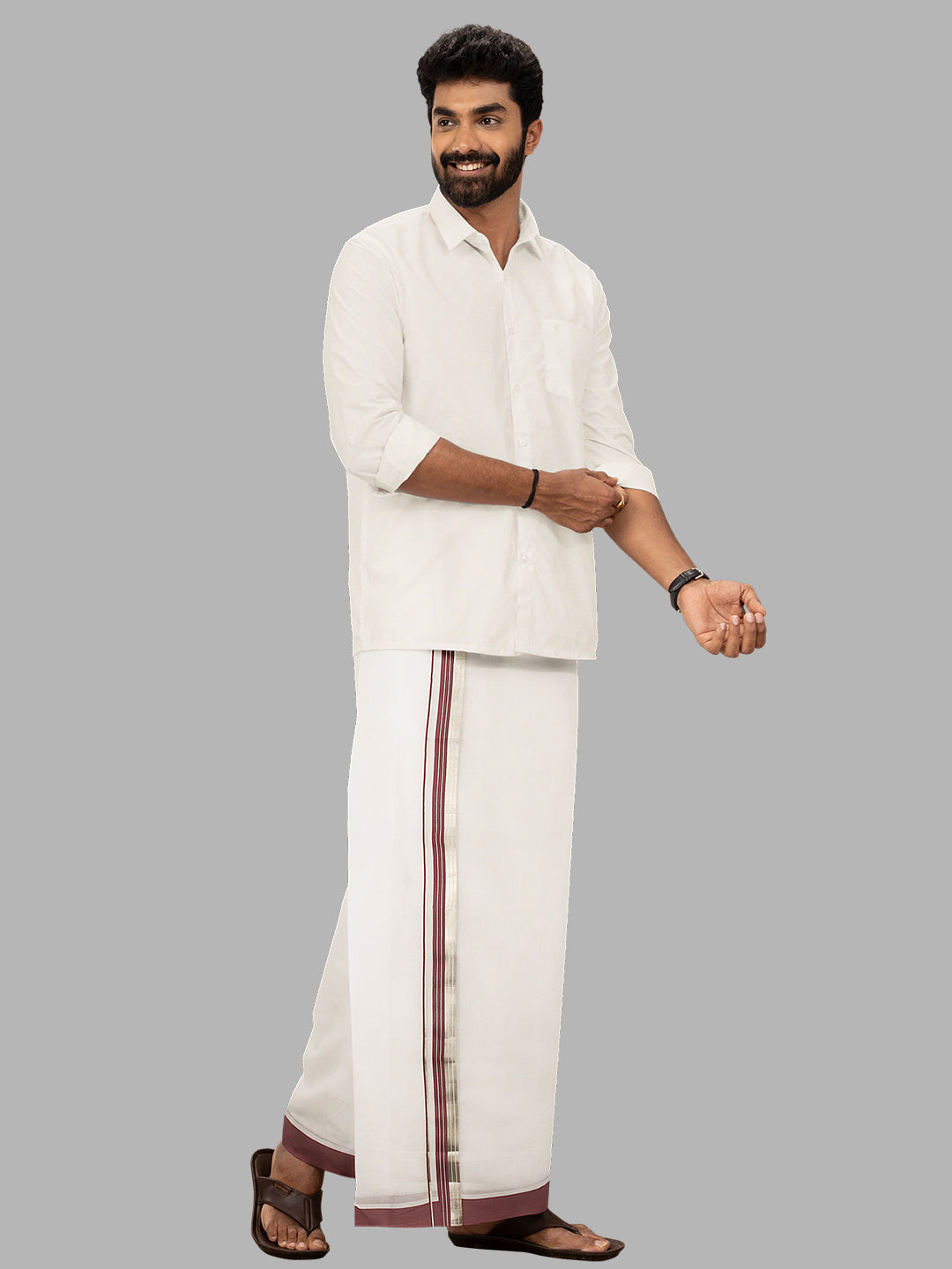 Men Fancy Jari Border Double Layer White Dhoti RG01