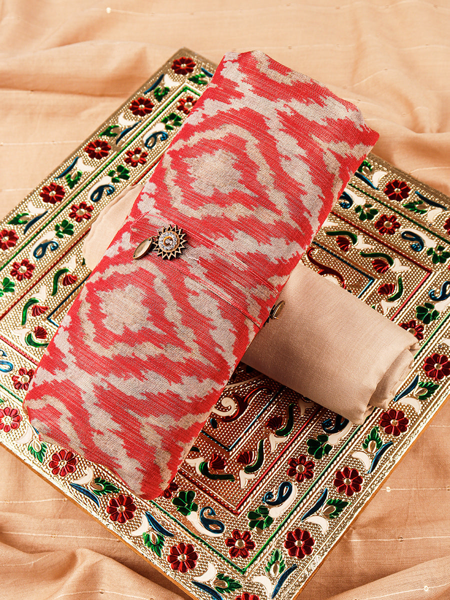 Women Red & Sandal Flower Digital Print Unstitched Semi Raw Silk Cotton Dress Material DM104
