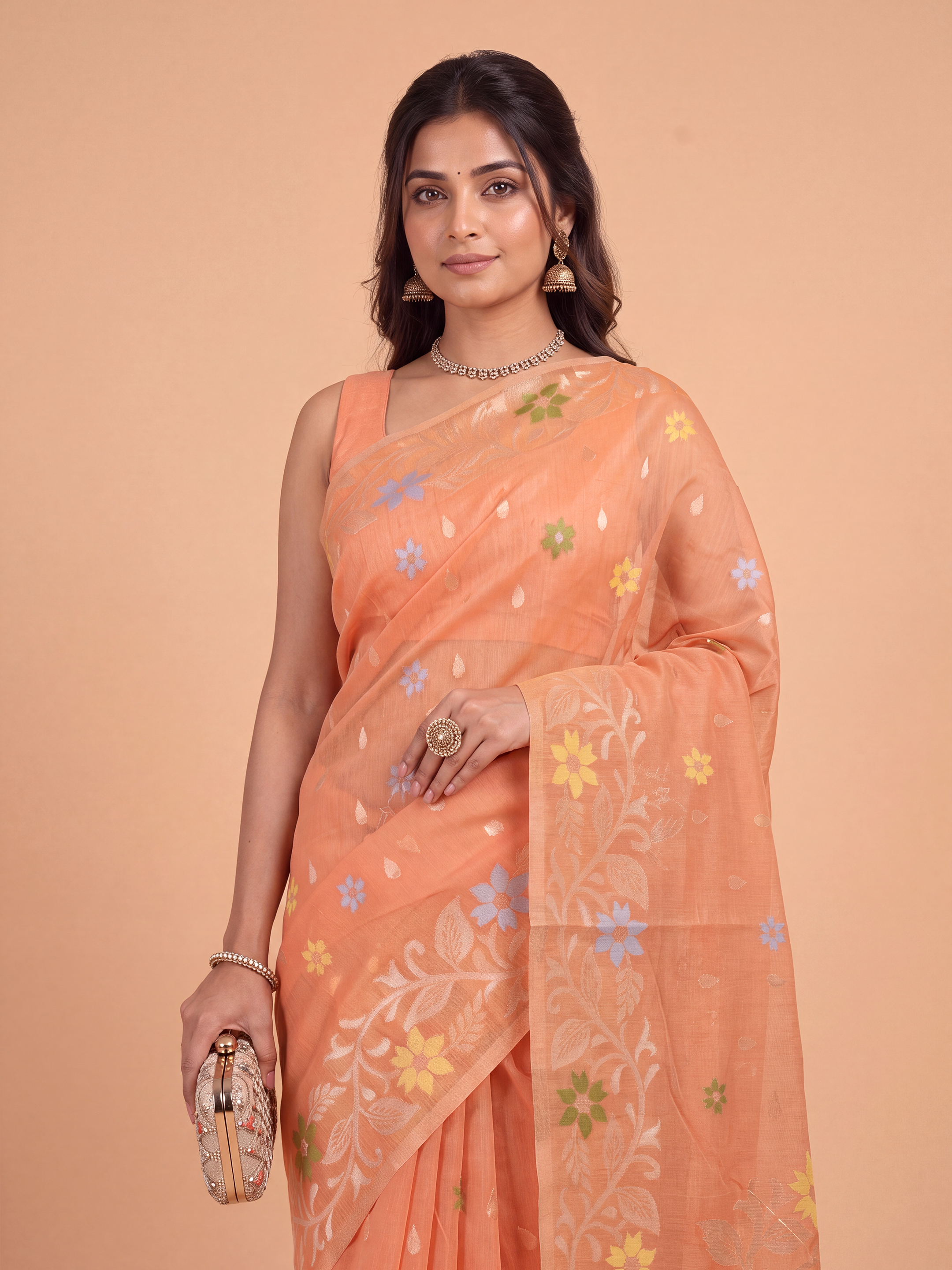 Women Orange Spun Poly Printed Saree SP13