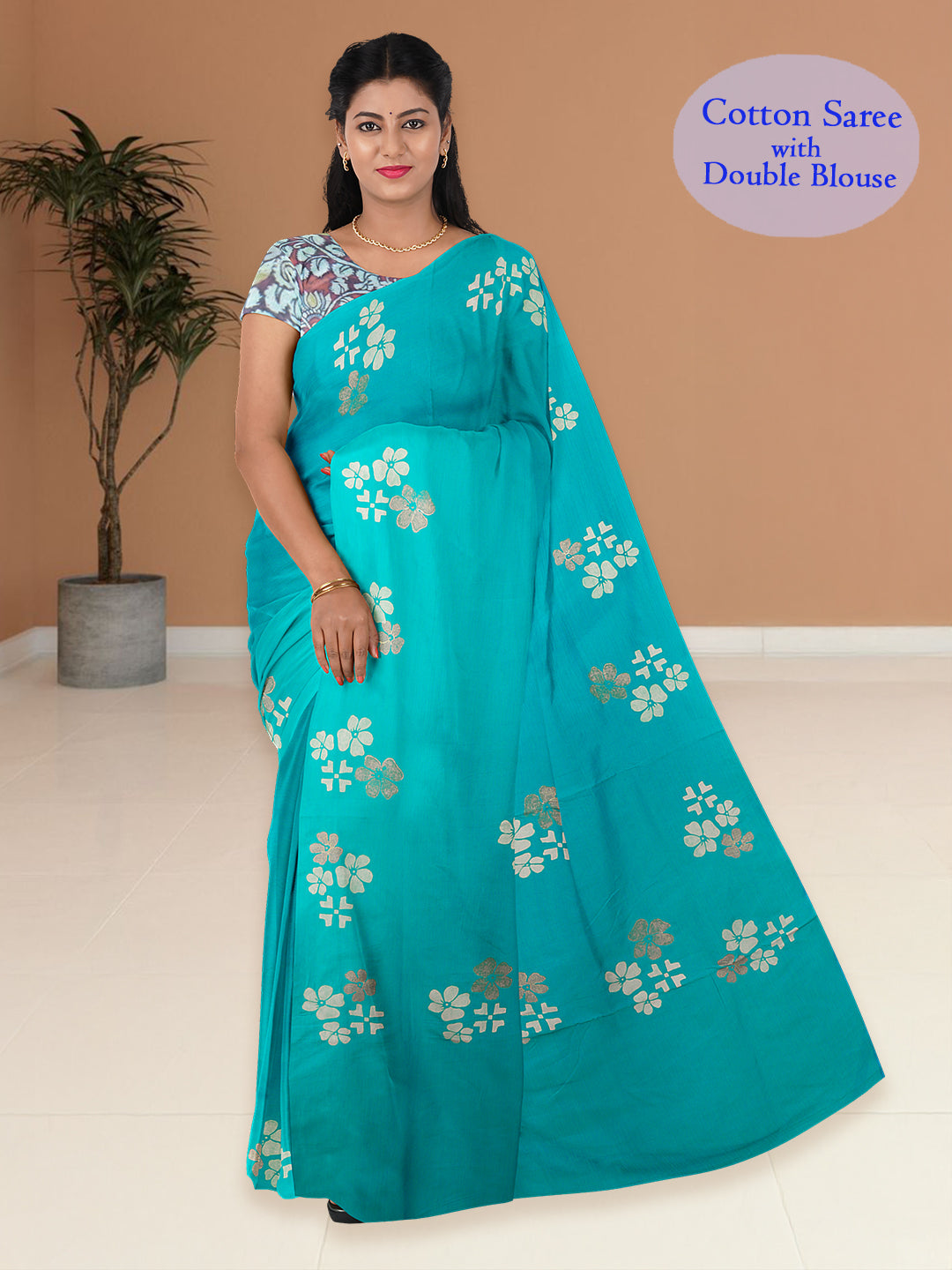 Women SkyBlue Cotton Saree with Double Blouse PCS209