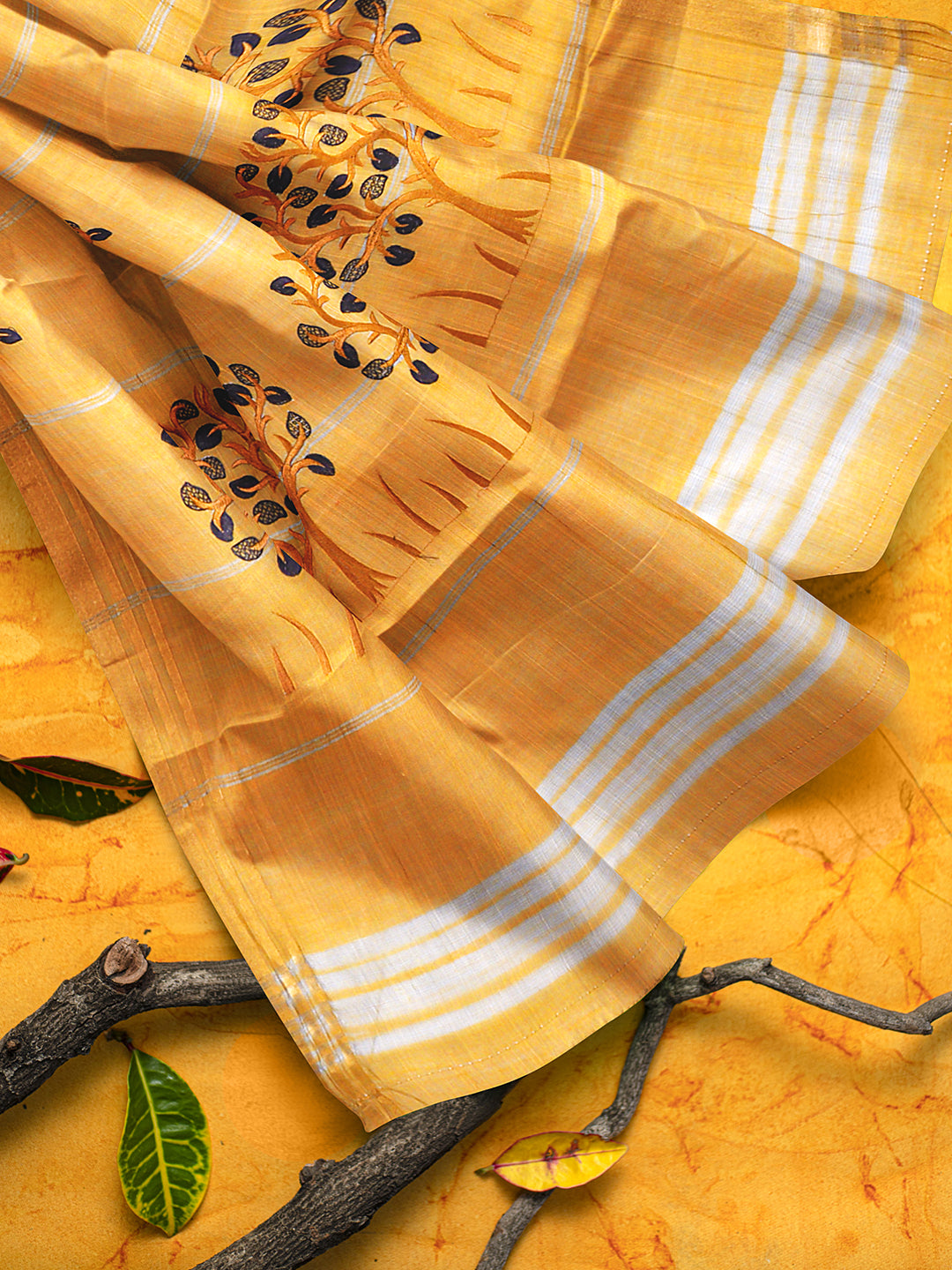 Semi Silk Cotton Allover Design Saree Brown with Mustered Yellow Gold Jari Border SSC17