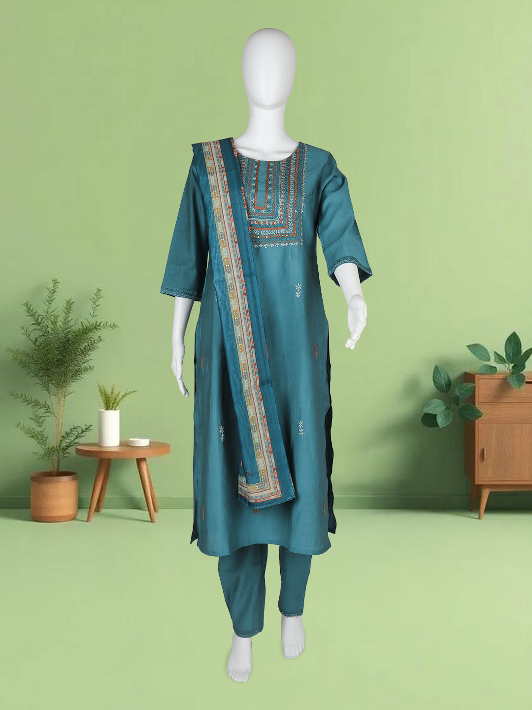 Women Silky Crush Embroidered Kurti Set Peacock Green EKS86