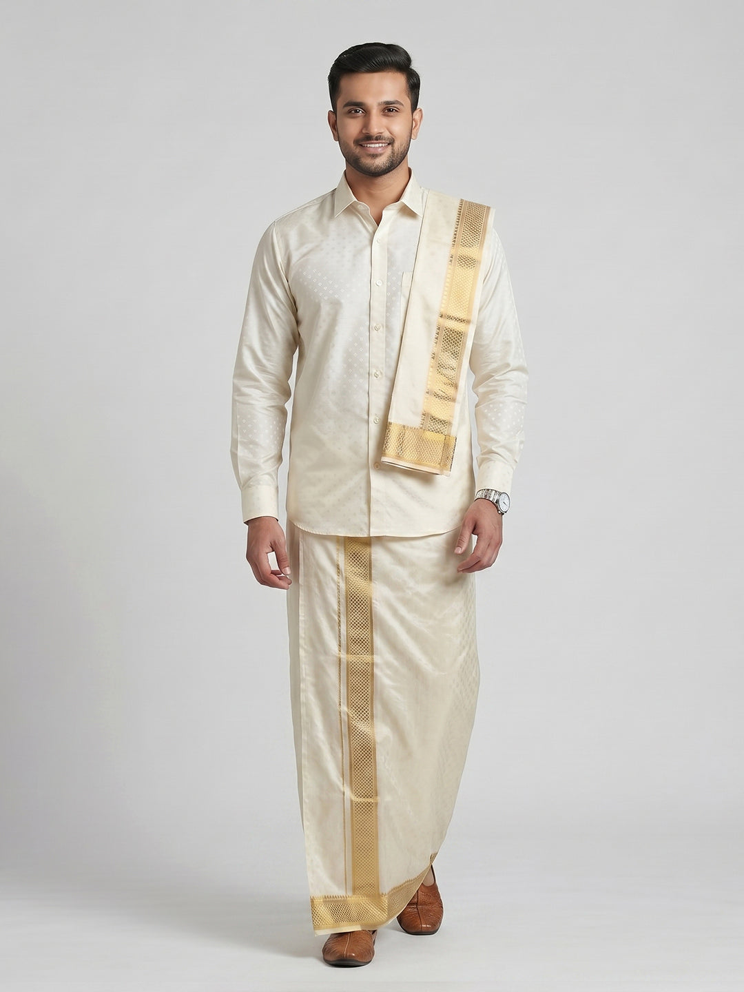 Men Art Silk Cream Self Design Shirt & Dhoti Towel Set Parinayam Grand CRJD1