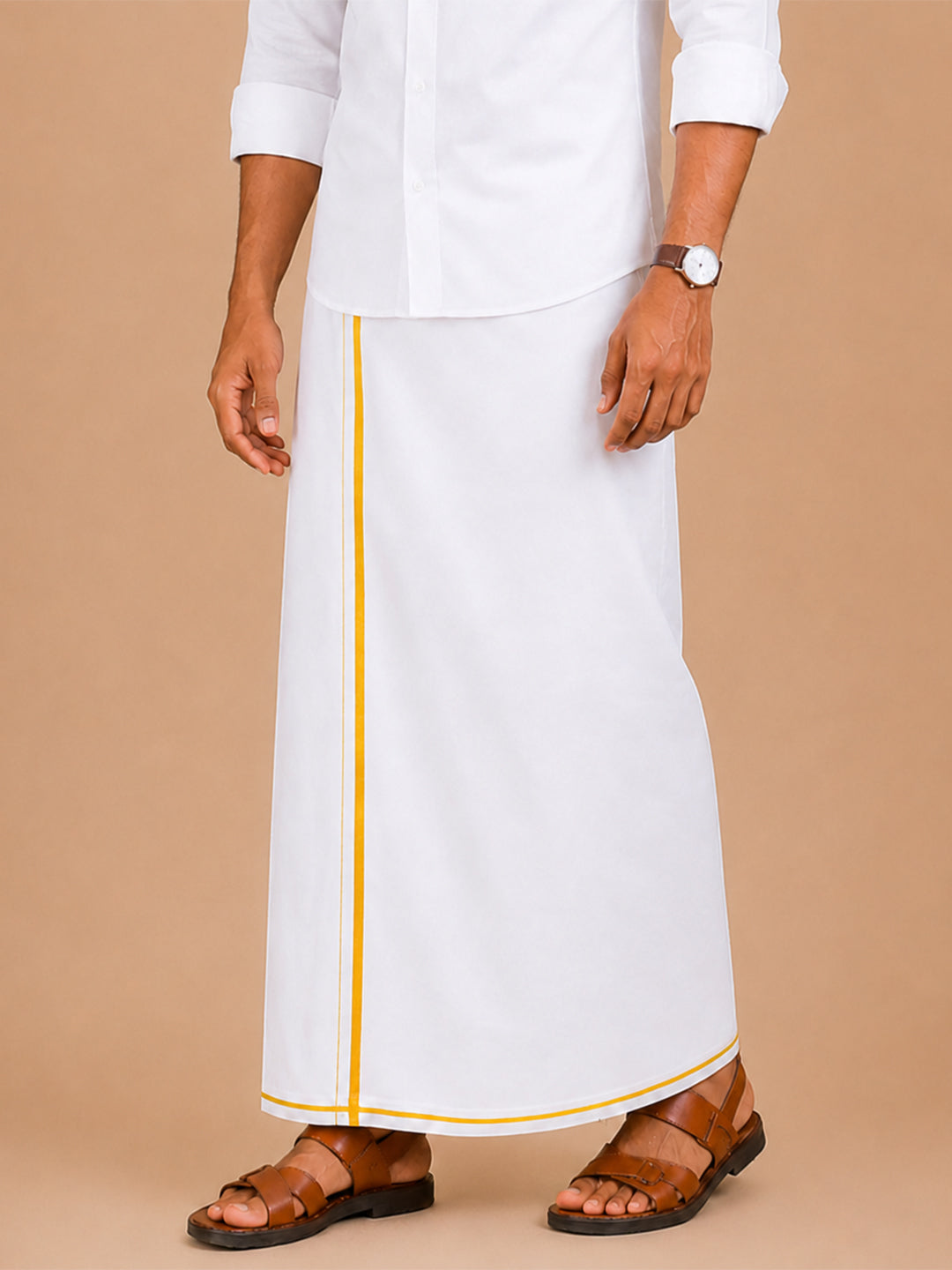 Double Layer 100% Cotton White Dhoti with Small Border - Real Value RV02