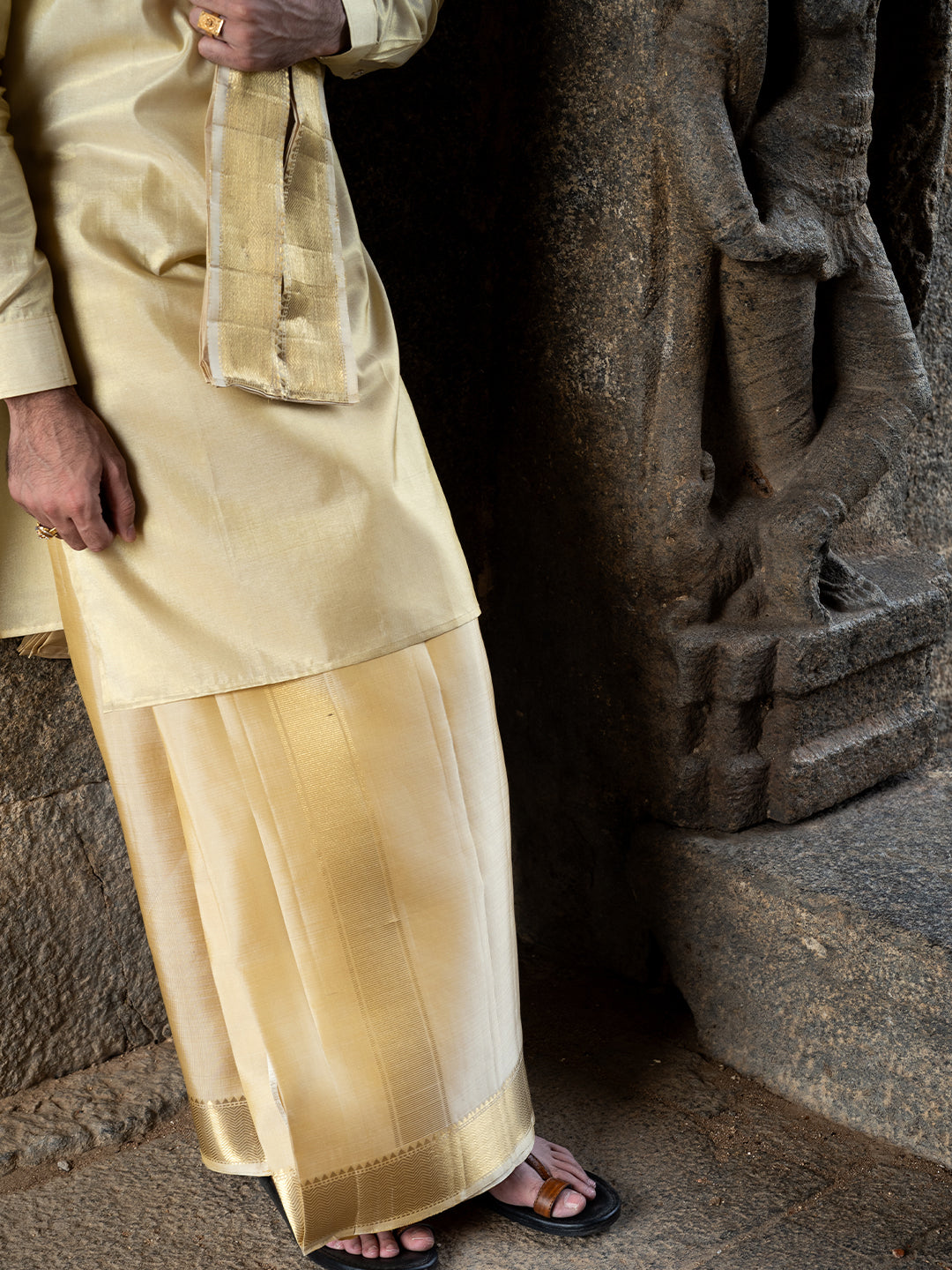 Premium Pure Silk 3" Fawn Wedding Dhoti & Towel Set – Virutcham