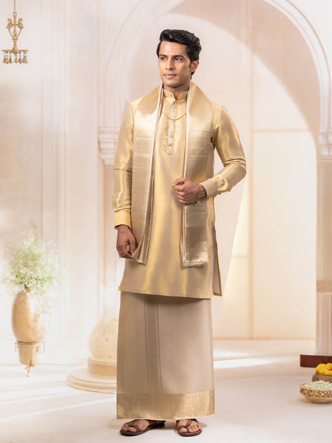 Premium Pure Silk Plain Dhoti Shirting & Towel Set with 5" Jari Border – Rajadharbar