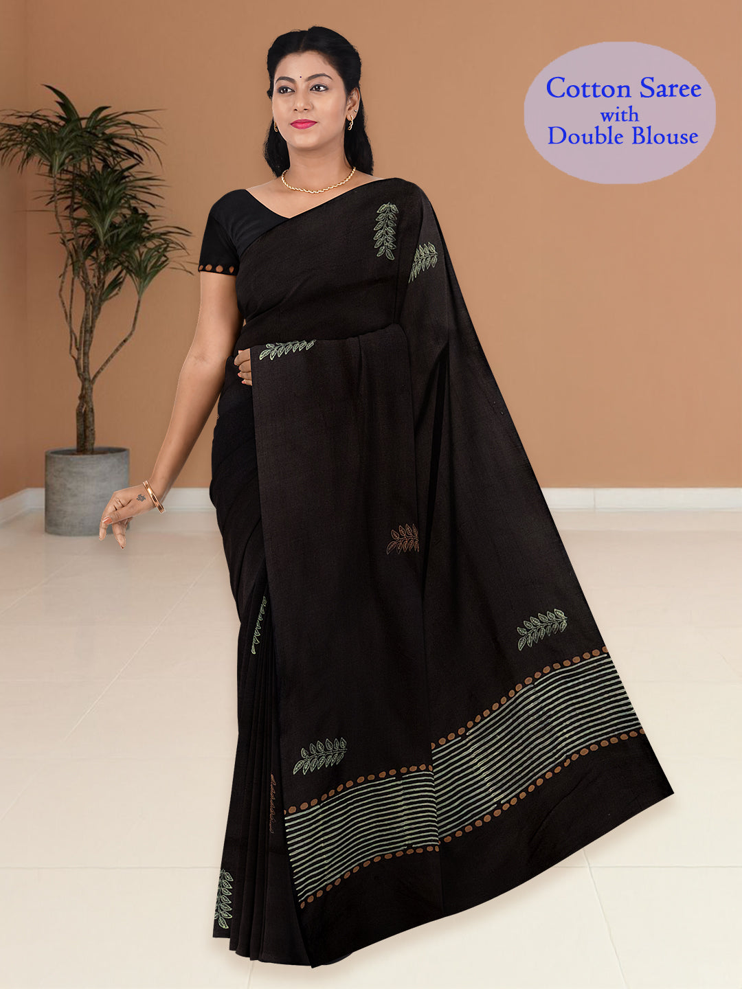 Women Black Cotton Saree with Double Blouse PCS215