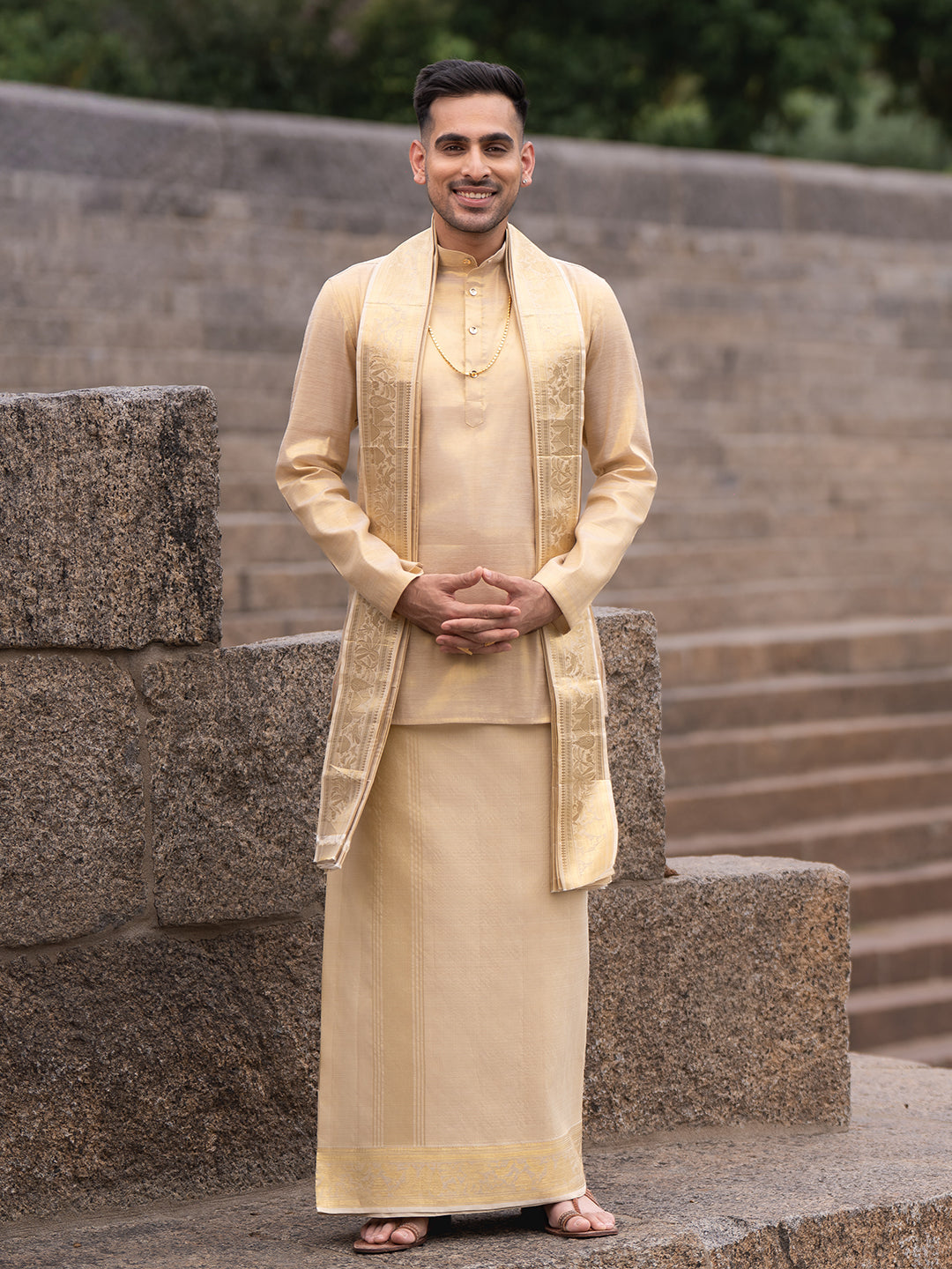 Pure Silk Vairaoosi Check Design Dhoti Shirting & Towel Set with 4" Jari Border – Rajadharbar