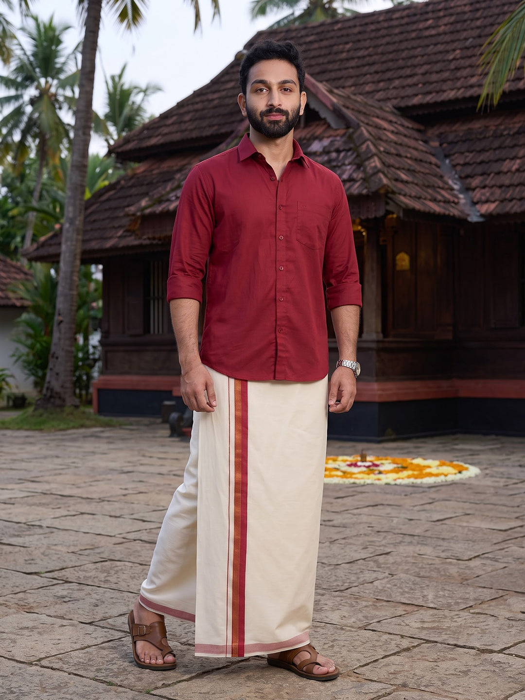 Double Layer 100% Cotton Cream Kora Dhoti with Colour Border - EGJ22