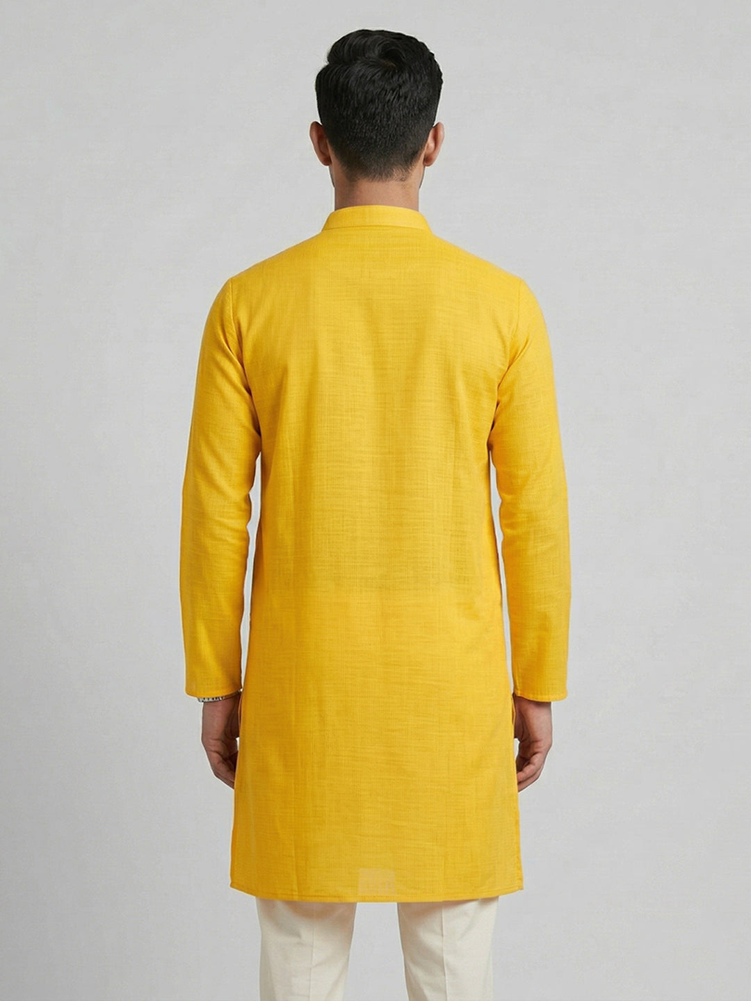 Cotton Medium Length Self Design Pocket Kurta Yellow D2